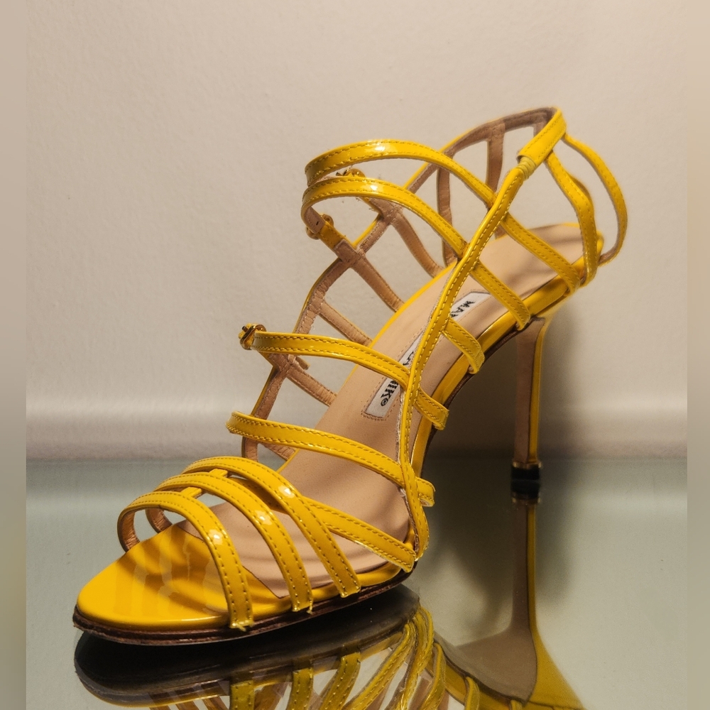 Manolo Blahnik Yellow Strappy Patent Leather Stiletto Sandals
